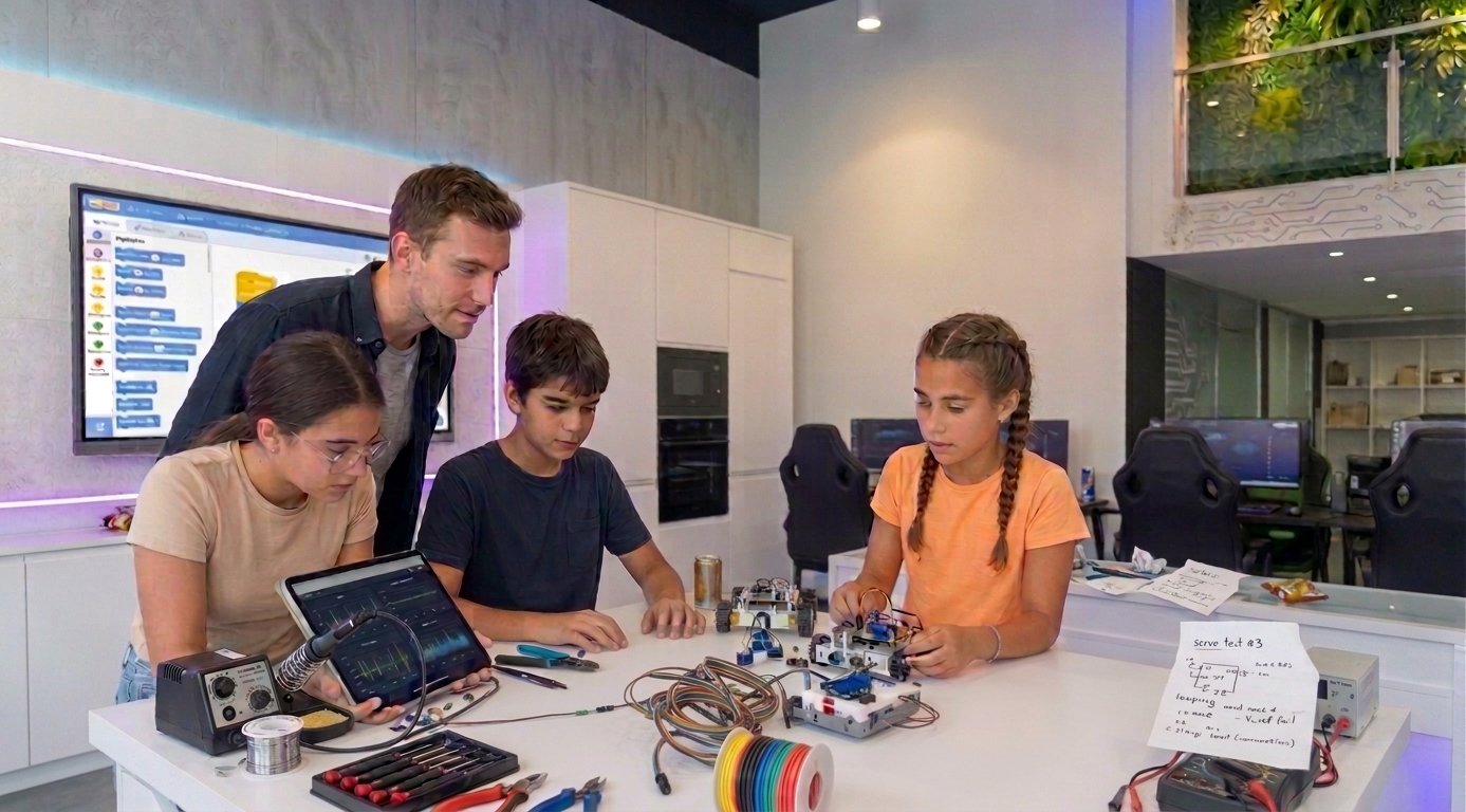 Mentor acompañando a alumnos durante un proyecto tecnológico en GENIA