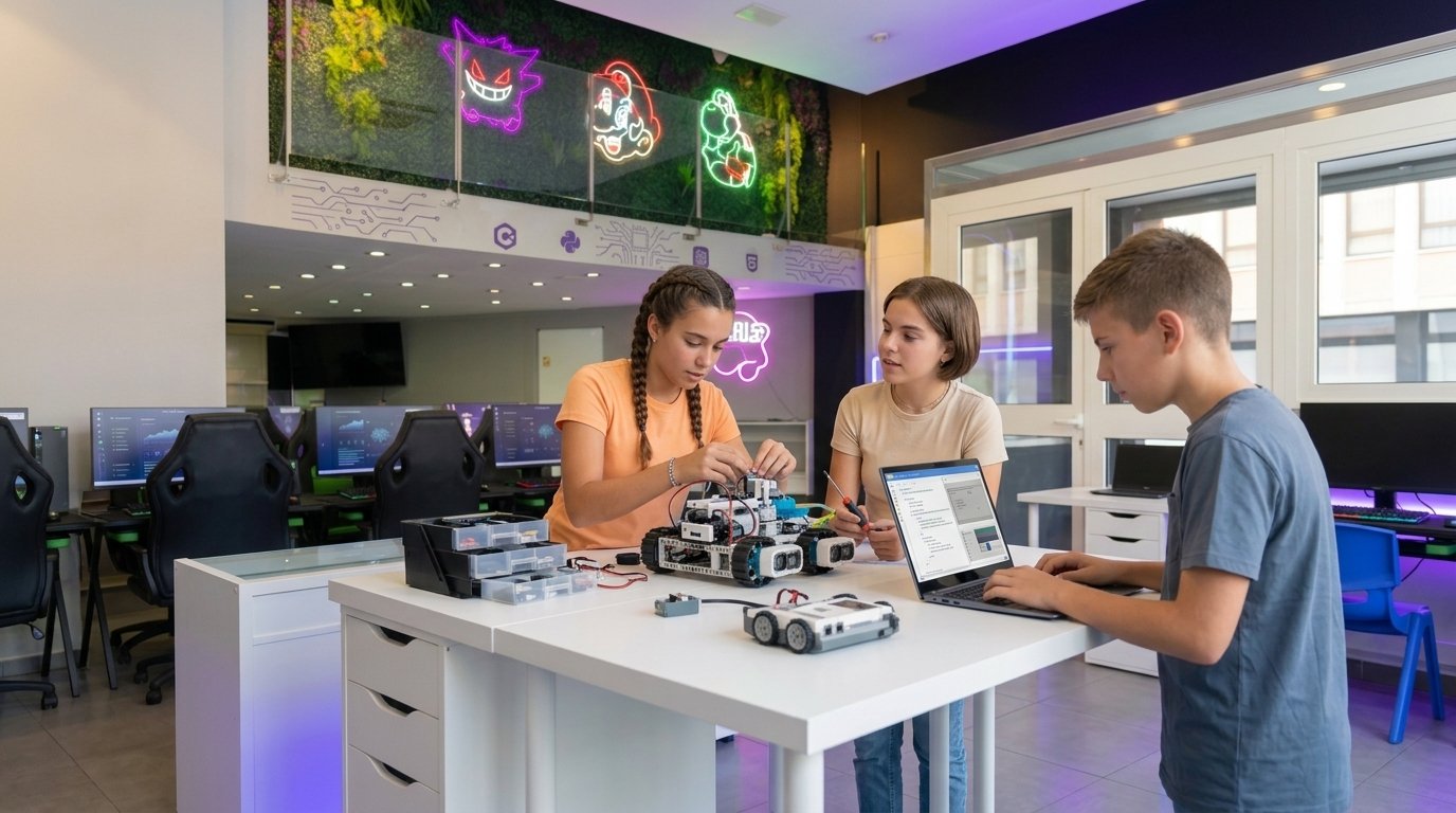 Alumnos de GENIA construyendo y programando un proyecto de robótica