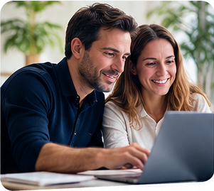 Dos adultos, padres y profesionales de la tecnología, trabajando frente a un portátil