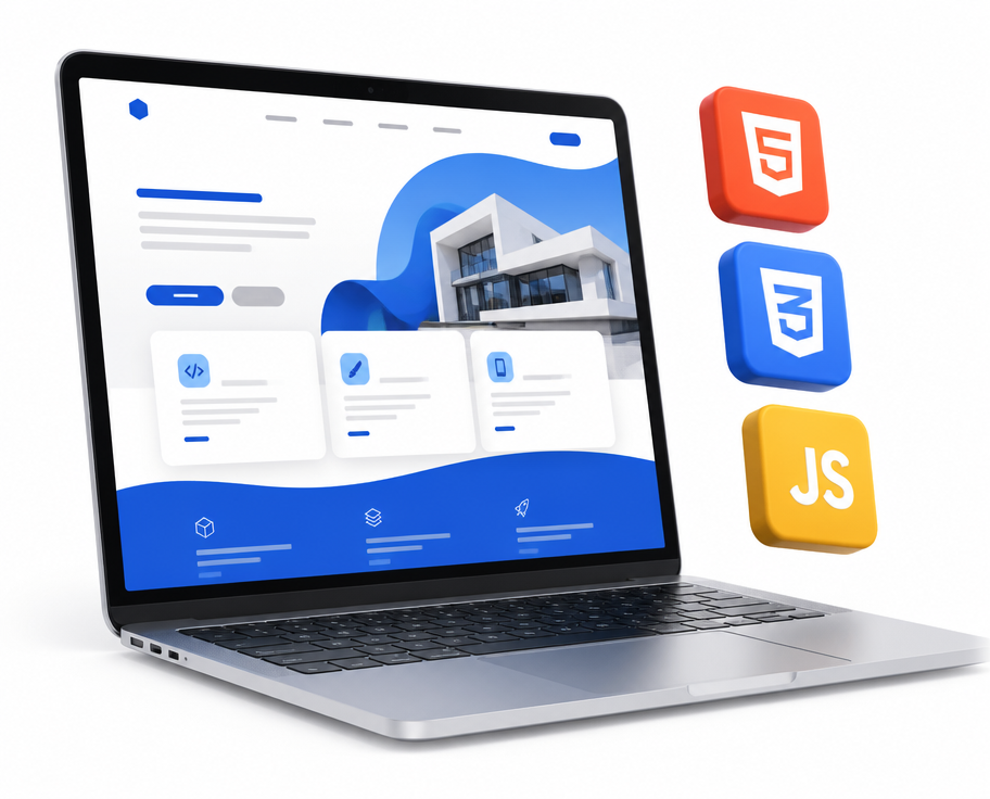 Portátil con una web moderna y logotipos de HTML, CSS y JavaScript