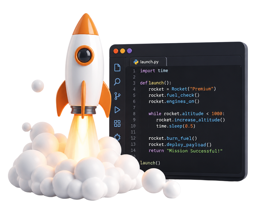 Cohete despegando junto a un editor de código con un programa en Python