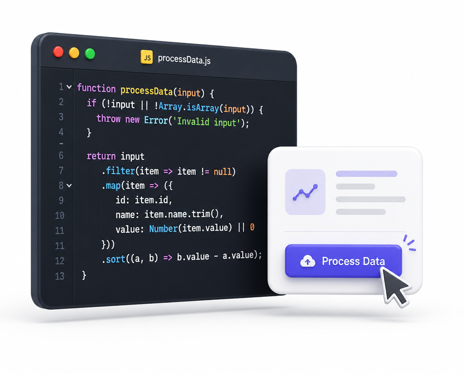 Editor de código con una función JavaScript junto a una interfaz con un botón interactivo