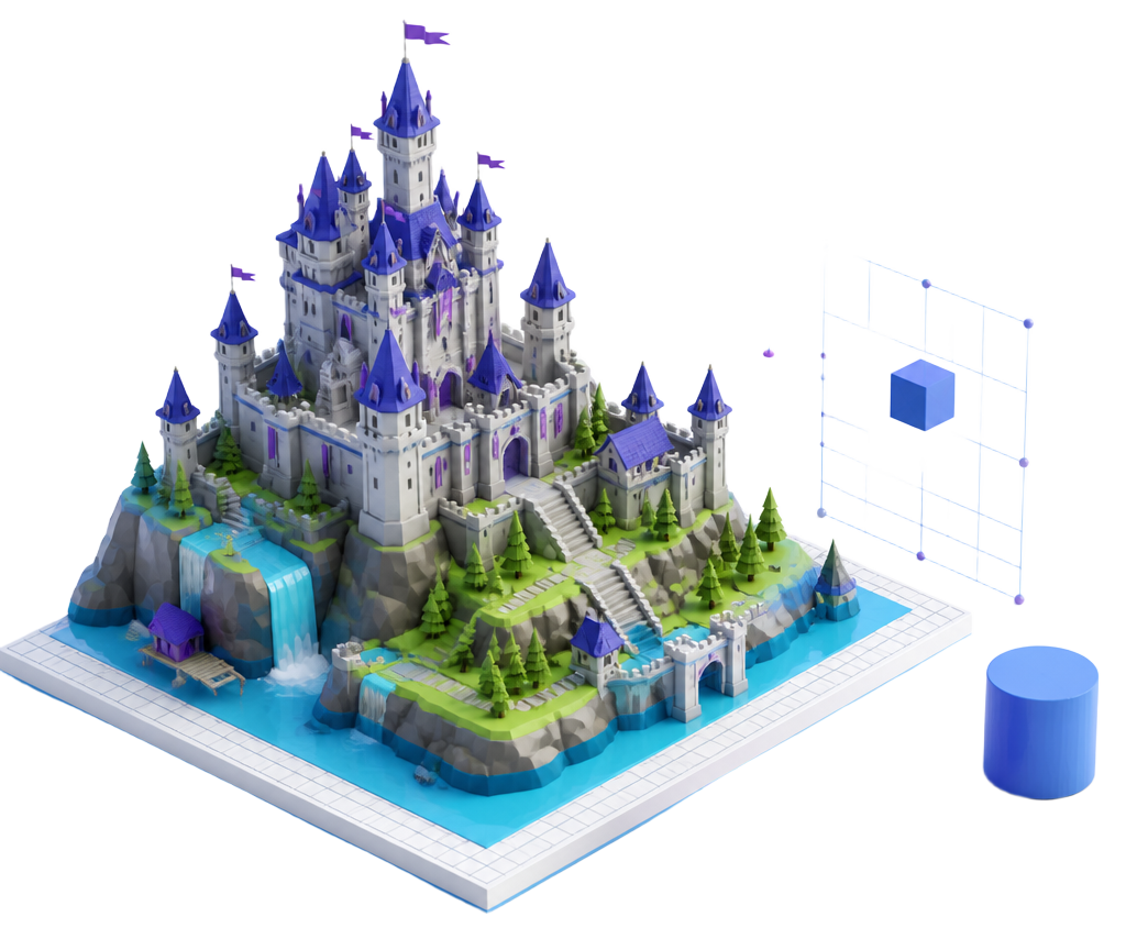 Castillo 3D modelado sobre una plataforma con rejilla de diseño y formas geométricas básicas