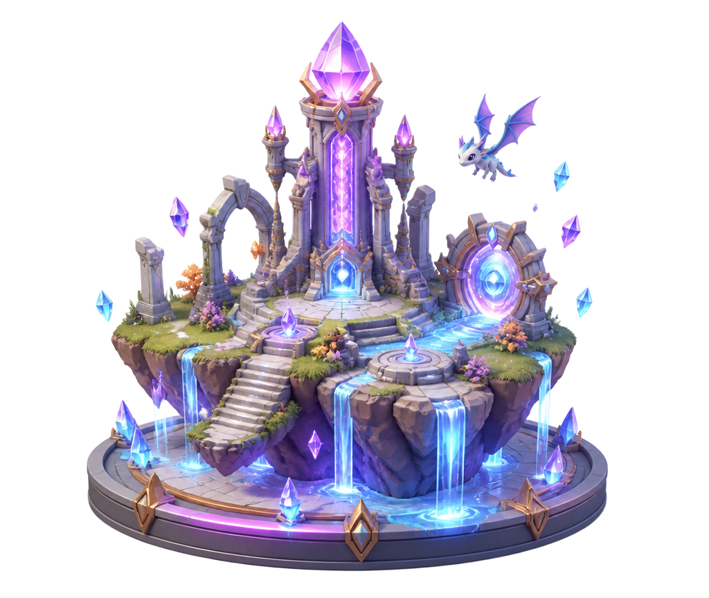 Mundo 3D final con torre de cristal luminosa, portal, cascadas y criatura voladora