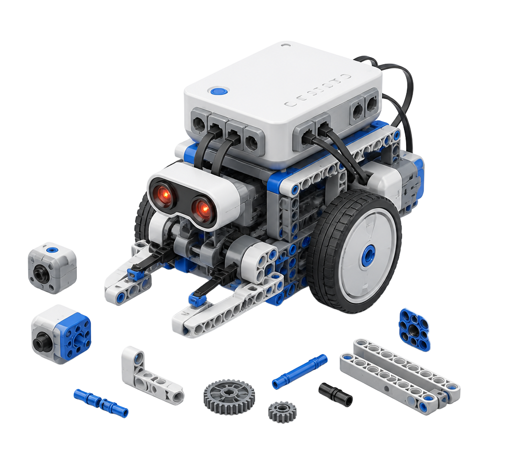 Robot educativo con sensores de distancia, motores, controlador y piezas técnicas