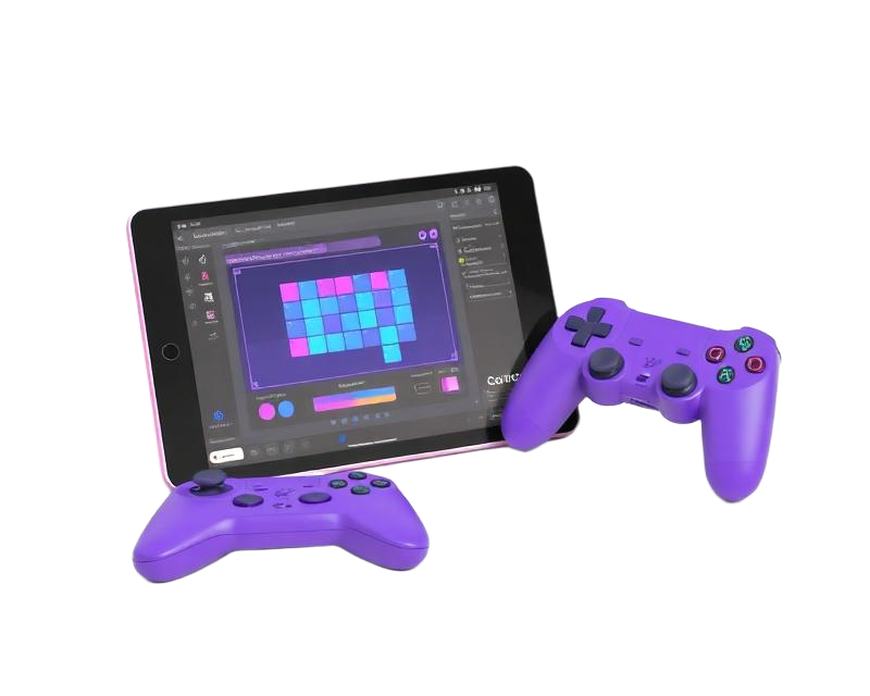Tablet con un editor de videojuegos por bloques junto a un mando morado