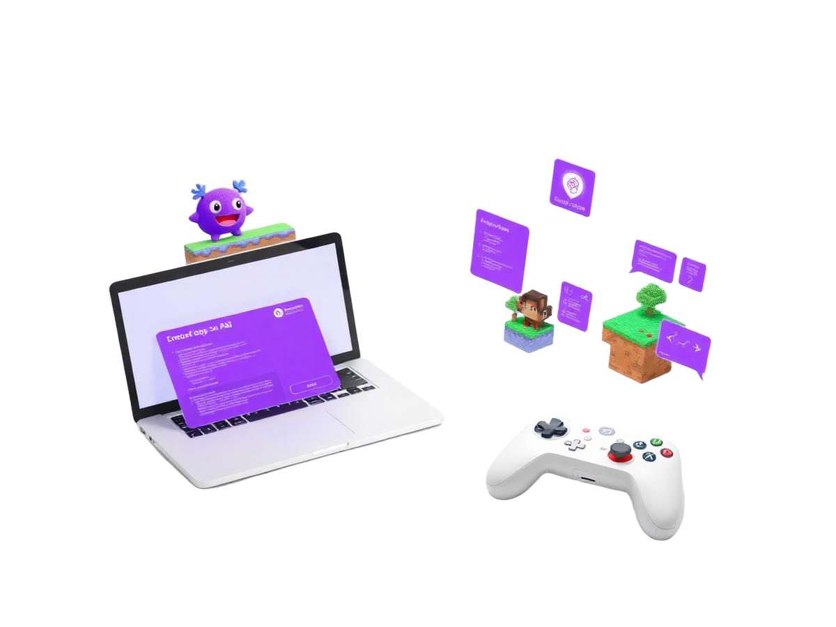 Portátil con un videojuego, tablet con programación por bloques, mundo de bloques y mando de juego